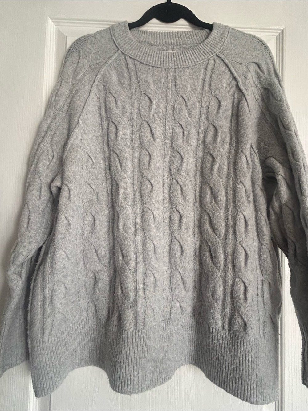 aerie Light Gray Cable-Knit Crewneck Sweater